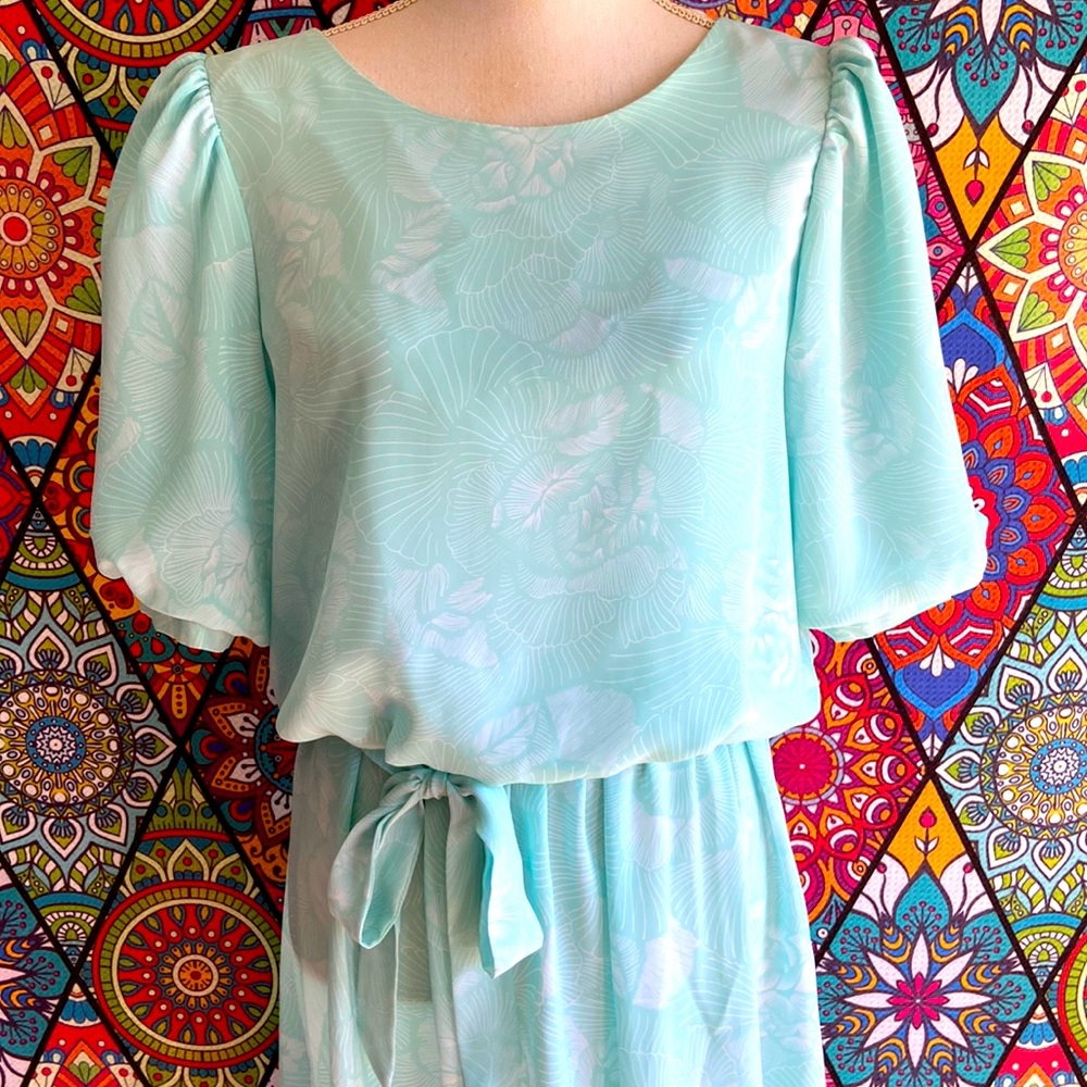 Vintage 1980s Baby Blue Puff Sleeve Blouson Dress Sz 12 - Picture 4 of 12